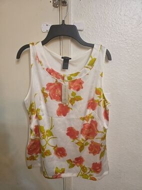 Ann Taylor White Scoop Neck Tank with Coral Floral Print